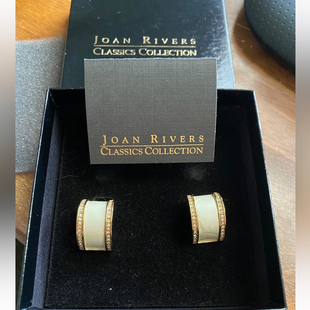 Joan Rivers Gold Tone Cream Inlaid Center/Rhinestone Clip Earrings